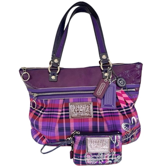 Coach Poppy Y2K Purple Tartan Plaid Glam Tote Shoulder Bag and Wristlet Set - Picture 1 of 16